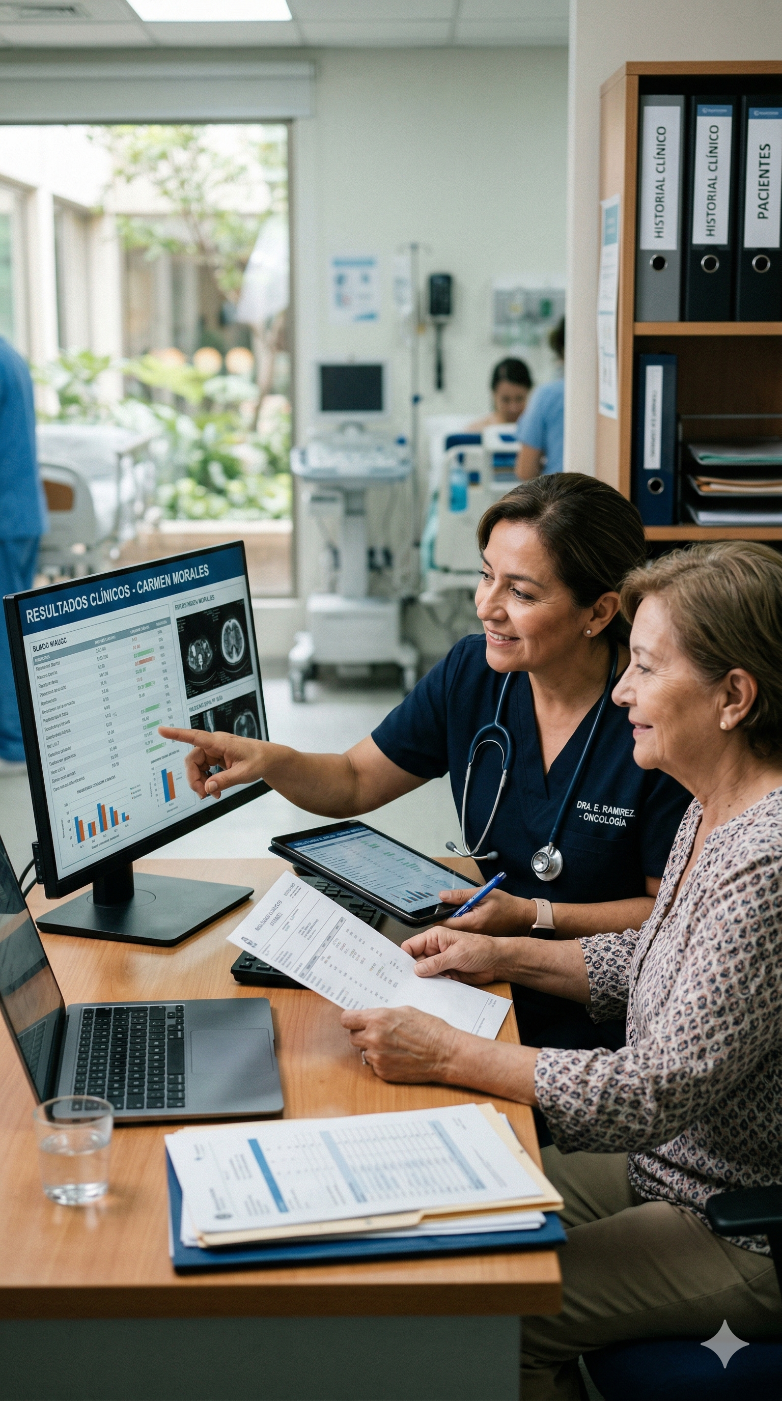 Profesional de salud revisando resultados clínicos con enfoque humano y especializado