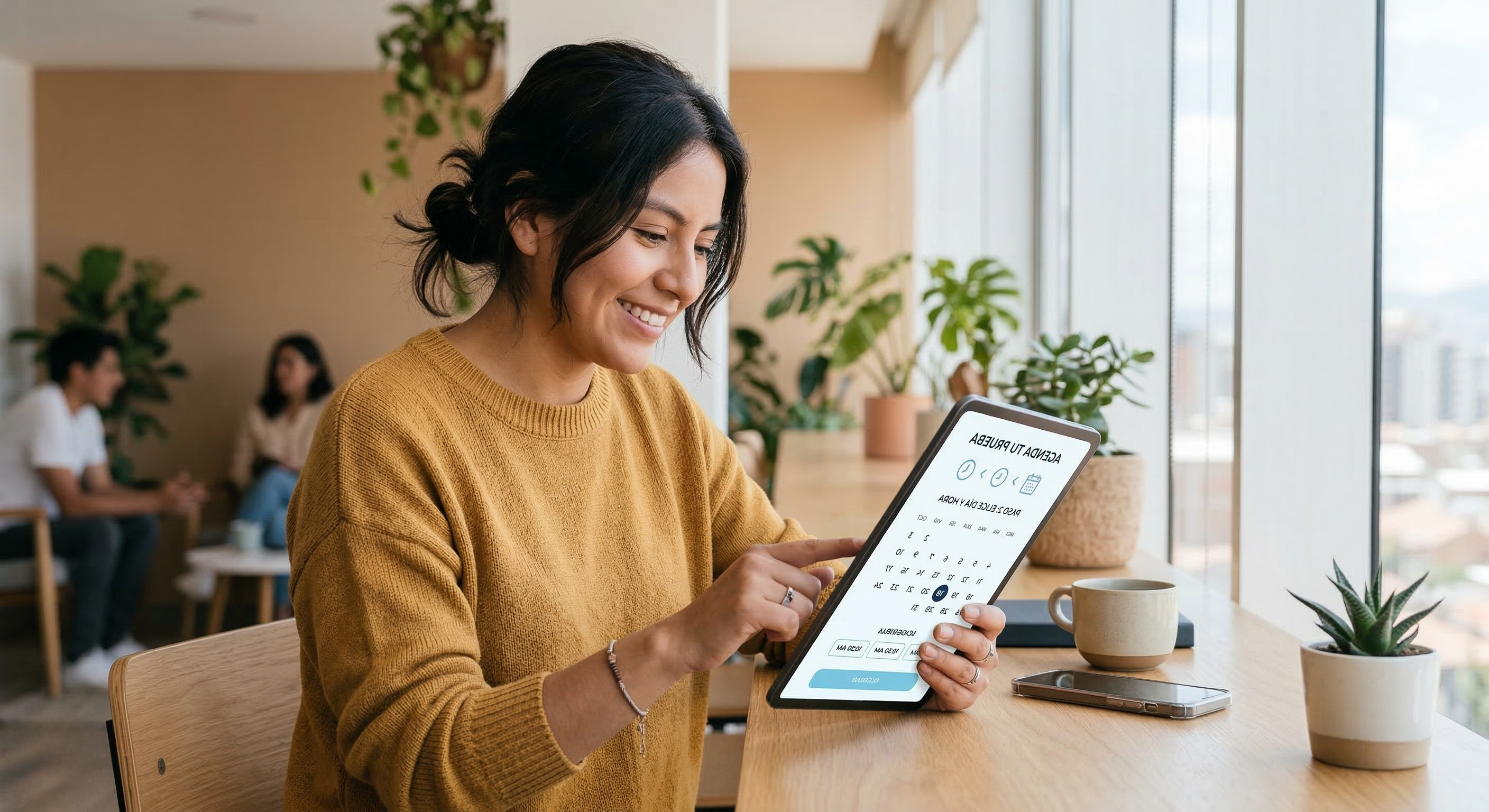 Persona realizando una reserva de examen desde una laptop o dispositivo móvil en un entorno limpio y moderno