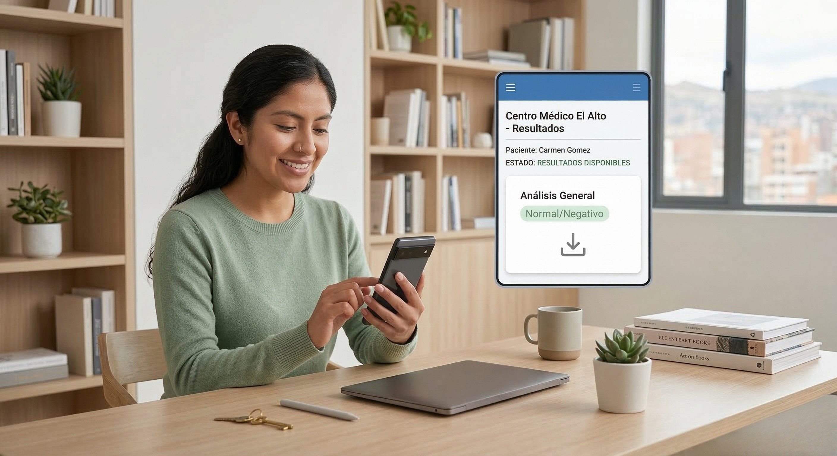 Paciente o profesional revisando resultados clínicos desde una plataforma digital en laptop o tablet