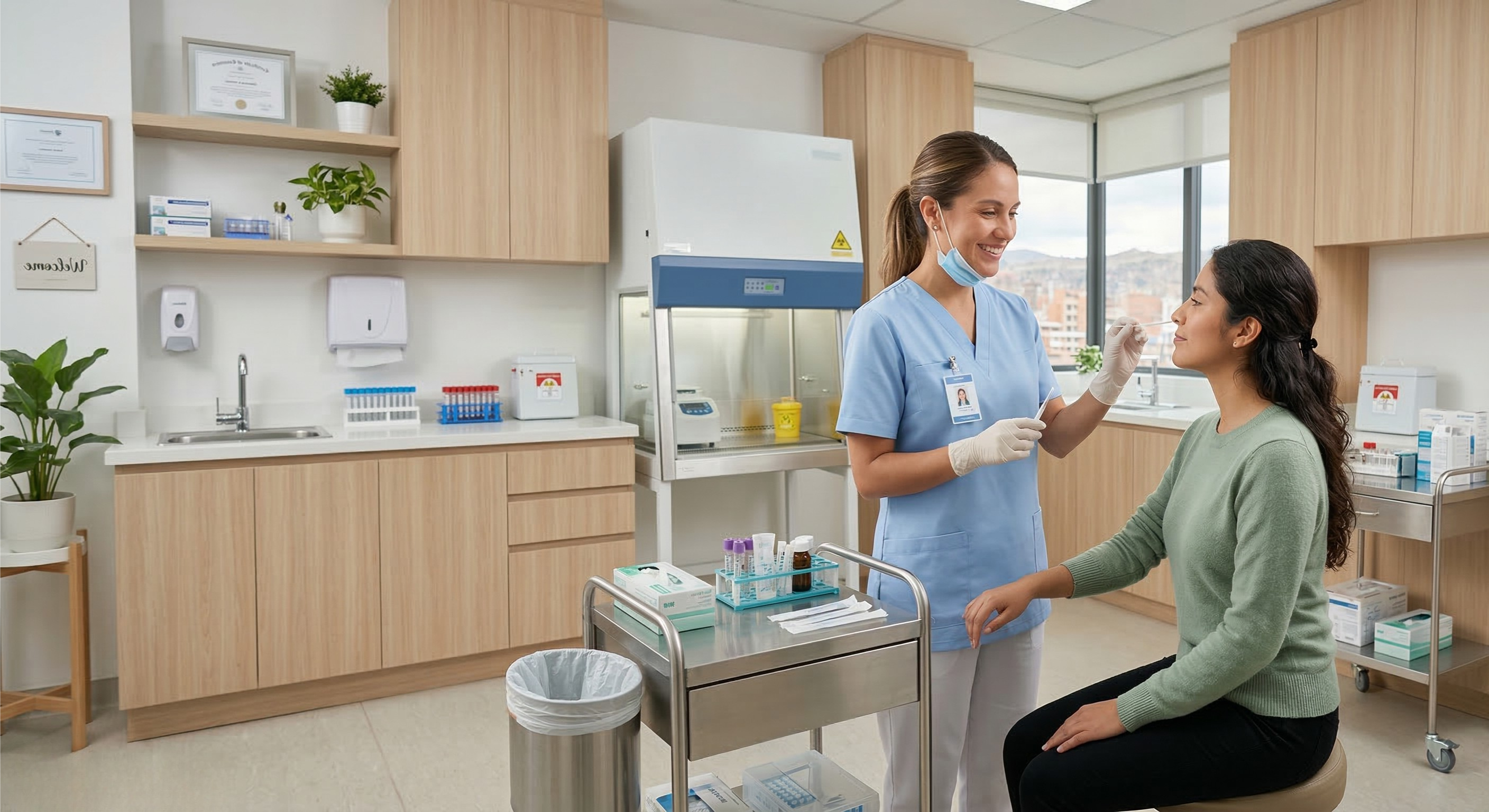 Profesional de salud atendiendo a un paciente durante la toma de muestra en una sucursal clínica